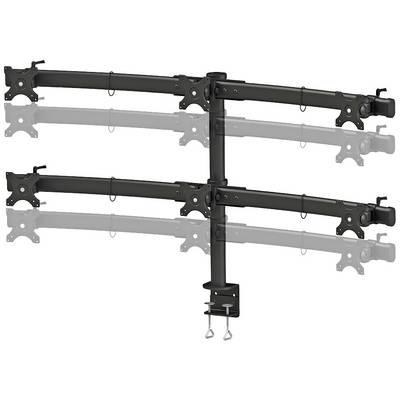 Black monitor stand with three adjustable arms, suitable for multiple screens, desk-mounted with clamps.