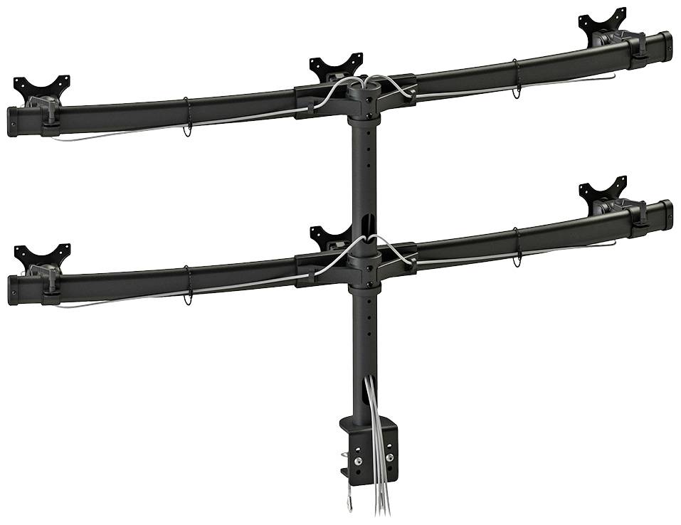 Two black monitor mounts stacked vertically on a central pole, with cable management featuring grey cables visible.