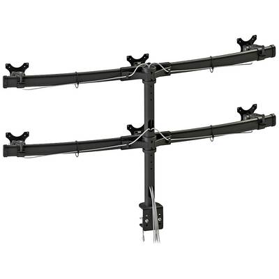 Two black monitor mounts stacked vertically on a central pole, with cable management featuring grey cables visible.