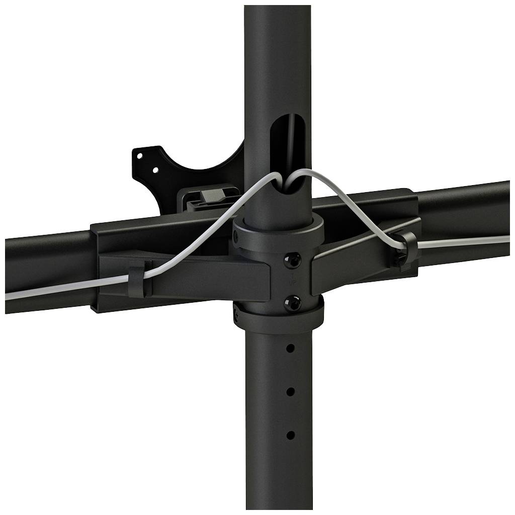 A black mounting bracket with cable attachment, fixed to a vertical metal pole.