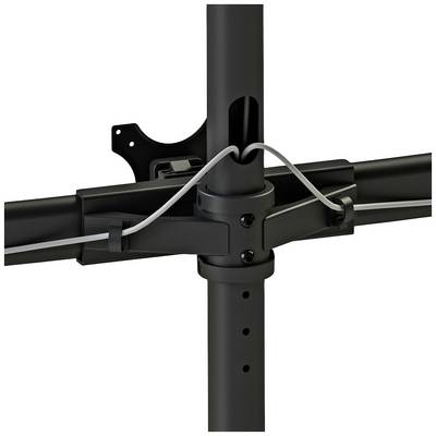 A black mounting bracket with cable attachment, fixed to a vertical metal pole.