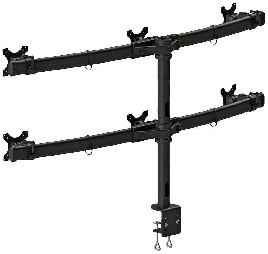 A black monitor stand with two arms capable of mounting four monitors. It is suitable for desk mounting.