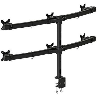 A black monitor stand with two arms capable of mounting four monitors. It is suitable for desk mounting.