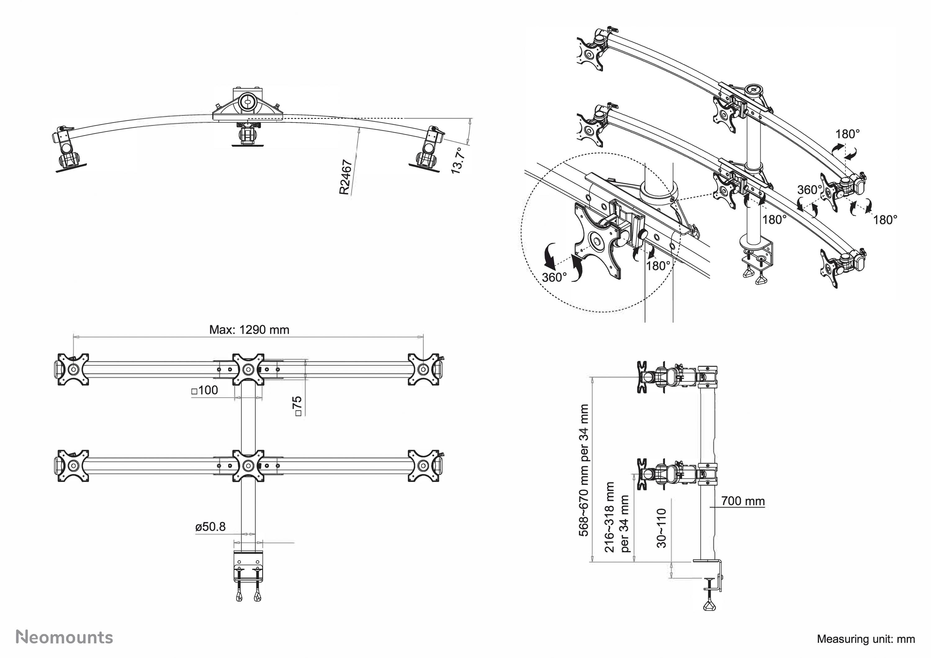 'Technical drawing of a monitor mount with dimensions, angles, and mounting options. Maximum width 1290 mm.'