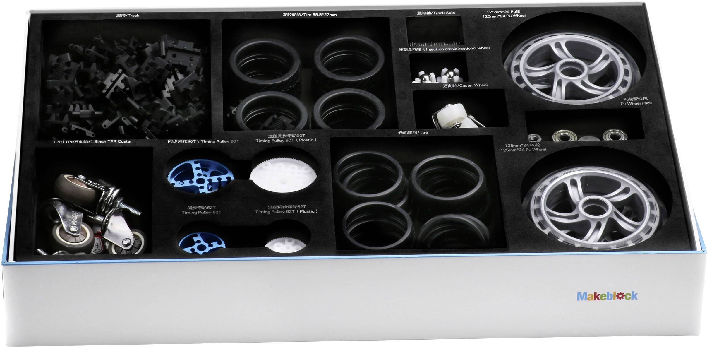 'Makeblock' construction kit with various robot components, including wheels, tyres, and small parts, in an organised case.