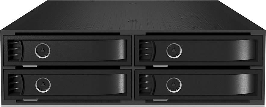 A black hard drive bay with four bays arranged in two rows. Each bay has a handle and a small round button.