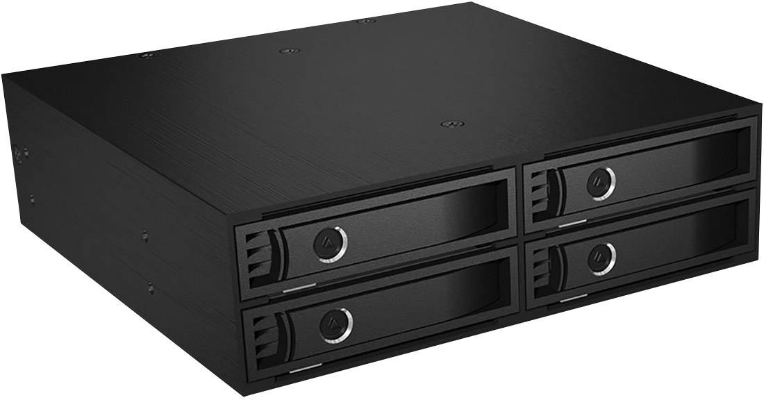 A black hard drive bay with four module bays for storage modules used for data storage in computers.