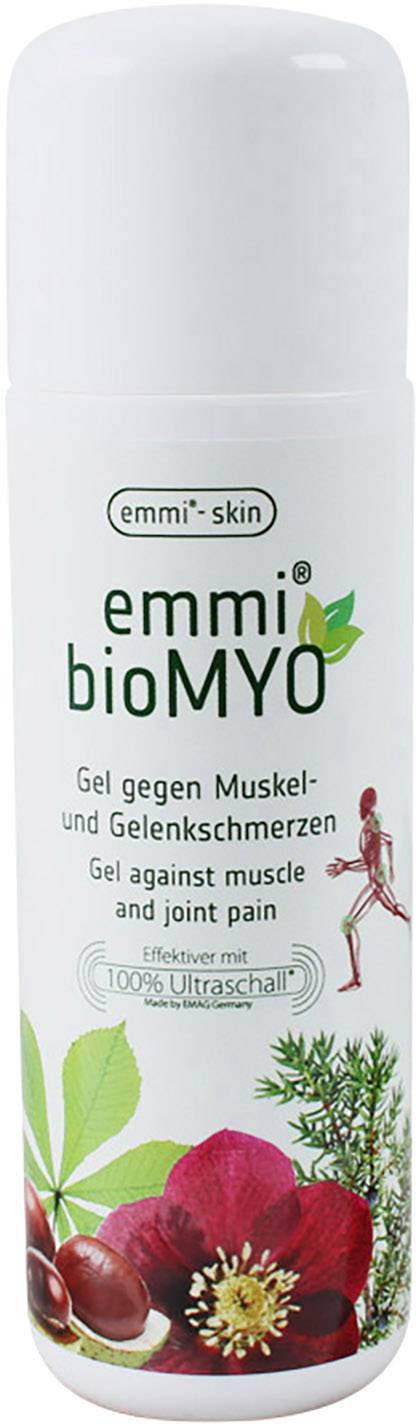 Bottle of 'emmi bioMYO' gel for muscle and joint pain. Contains herbal ingredients, recommended for use with ultrasound.