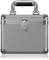 Silver, lockable aluminium case with sturdy handle and ribbed surface.