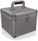 Silver-coloured, robust suitcase with handle and metal clasps. Suitable for secure transportation or storage of items.