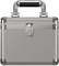 A closed, silver metal briefcase with a black handle and a snap fastener at the front.