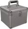 'Compact, silver, metallic case with handle and snap lock, perfect for securely transporting items.'