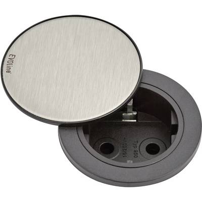 'Enclosed circular socket unit with stainless steel cover, partially opened to reveal the internal sockets.'