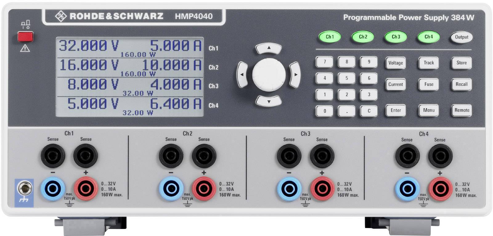 Programmable power supply by Rohde & Schwarz with four channels. Displays show voltages and currents for each channel.
