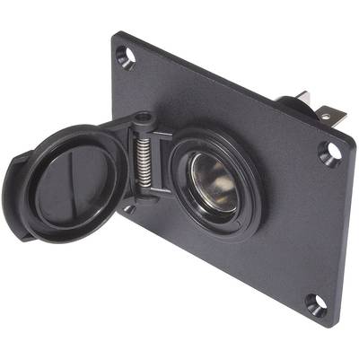 A black rectangular housing cutout with a round socket in the middle and a foldable cover on the left side.