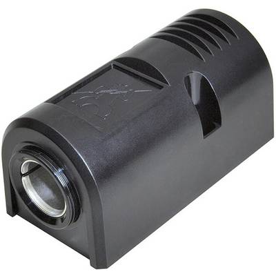 Black cylindrical plastic housing cover with a recess and symmetrical ventilation slots.