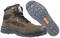 Brown safety shoes with robust rubber soles and black mesh fabric. Suitable for outdoor work or construction sites.