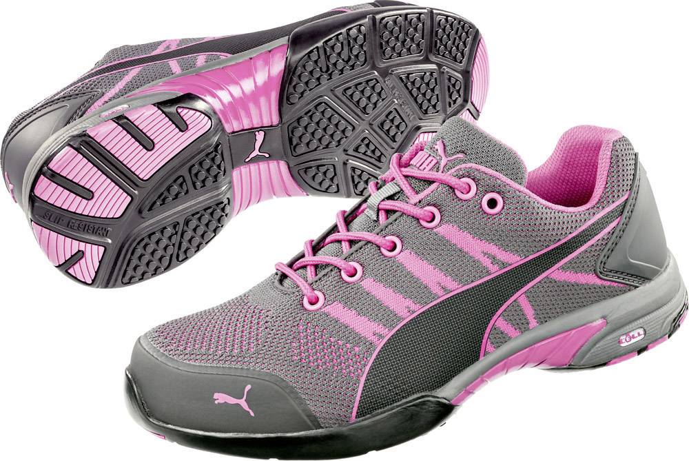 Grey and pink trainers with striking pink details and sole pattern. Brand logo on the side and heel.