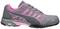 Grey trainer with pink accents, light sole tread, and laces, with a stylised logo on the side.
