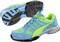 Two blue sports trainers with neon-green details and sole tread, presented from top and bottom views. Perfect for athletic activities.