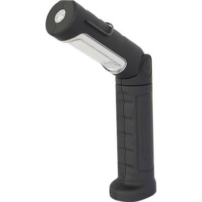 Black torch with pivoting head and textured grip, suitable for versatile lighting situations.