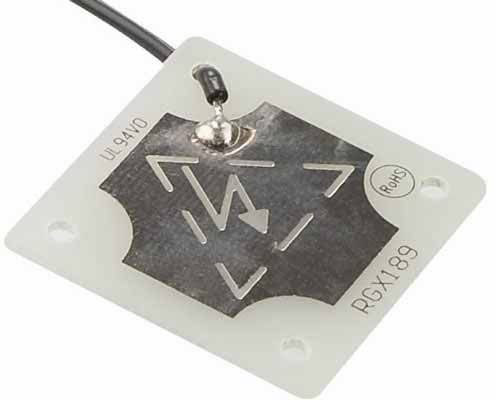 Rectangular printed circuit board with metal components, cable connection, and text markings 'UL 94/V0', 'RoHS' and 'PGX189'. Sensor or electronic component.