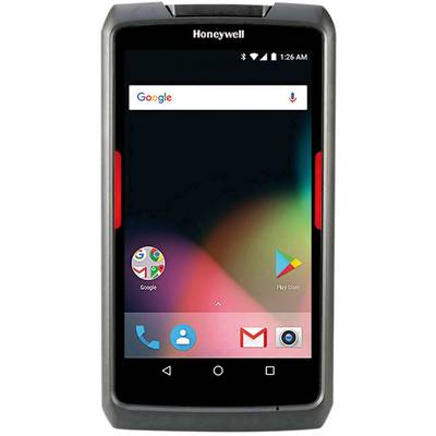 A smartphone with a Honeywell brand logo on its casing displays the home screen with a Google search bar and app icons.