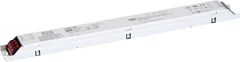 A rectangular LED driver by MEAN WELL with model number LDC-80. White housing, side connections and markings.