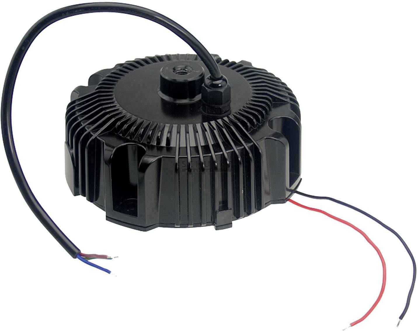 A round, black LED driver with heat sinks and three cables in black, red, and blue for connecting to electrical devices.