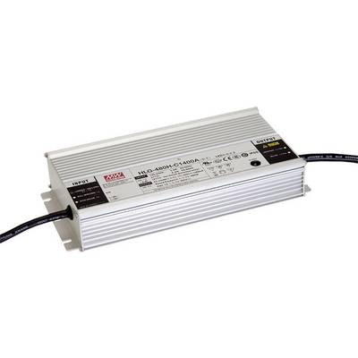 A rectangular LED power supply with cable connections. Technical specifications and warning notices are located on the top surface.