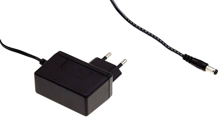 A black power adapter with a European plug and a thin cable with a DC connector.