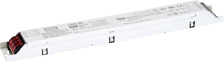 A rectangular LED driver from Mean Well, model LDC-35, on a white background. Suitable for current-controllable LED lights.