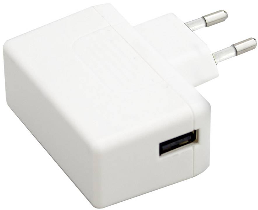 A white USB charger with a European plug, shown in a side view.