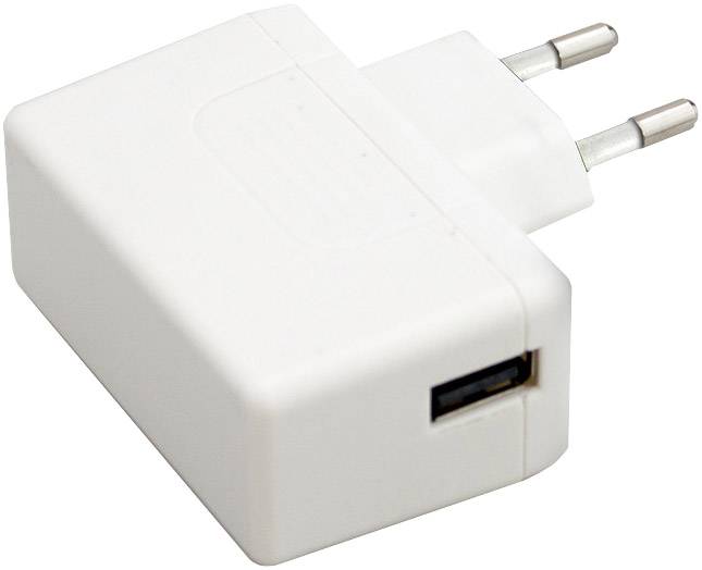White USB charger with European plug, suitable for charging electronic devices.