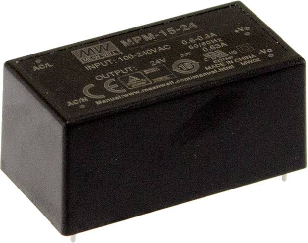 Black electrical component with the inscription 'MPM-15-24', showing input and output specifications, manufacturer and origin information.