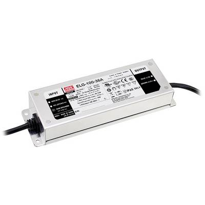 A rectangular power supply unit with labelled terminals for input and output. Various certifications are visible.