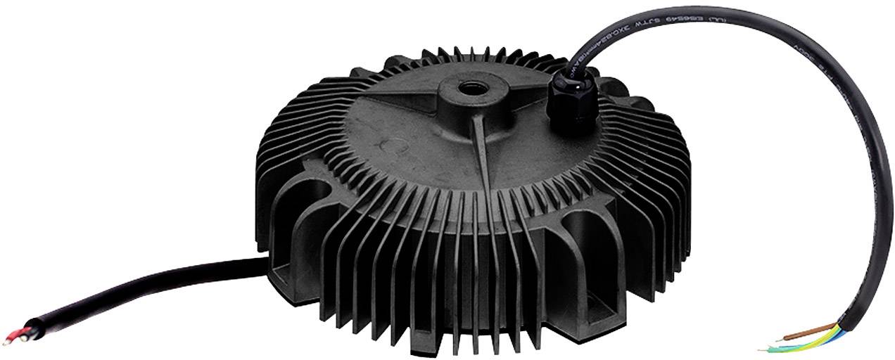 Black, round LED power supply with heat sinks and two protruding cables. One is open-ended, the other connected to a plug.