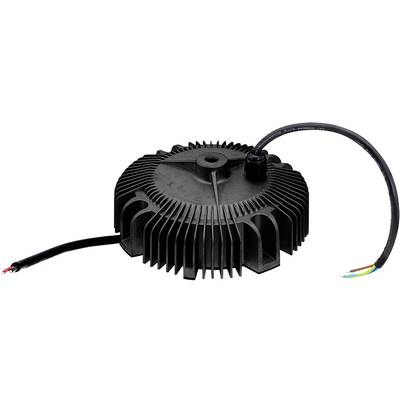 Black, round LED power supply with heat sinks and two protruding cables. One is open-ended, the other connected to a plug.