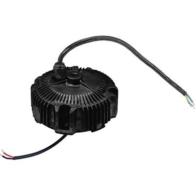 Black LED driver housing with heat sinks, two protruding cables for connection.