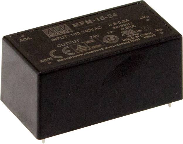 A black electronic component with the inscription 'MPM-15-24'. It shows input (100-240VAC) and output specifications (24V).