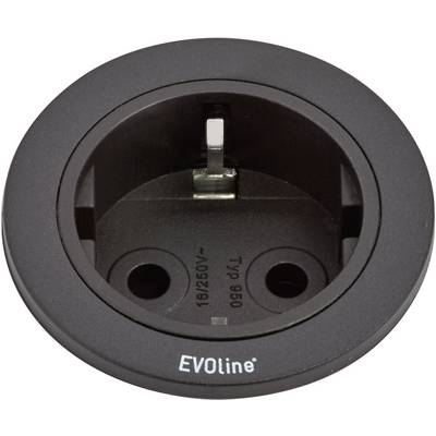 A black socket by EVOline, installed flush with the surface.