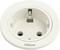Round, white socket by the brand 'Evoline', in a circular mounting, suitable for installation in furniture or worktops.
