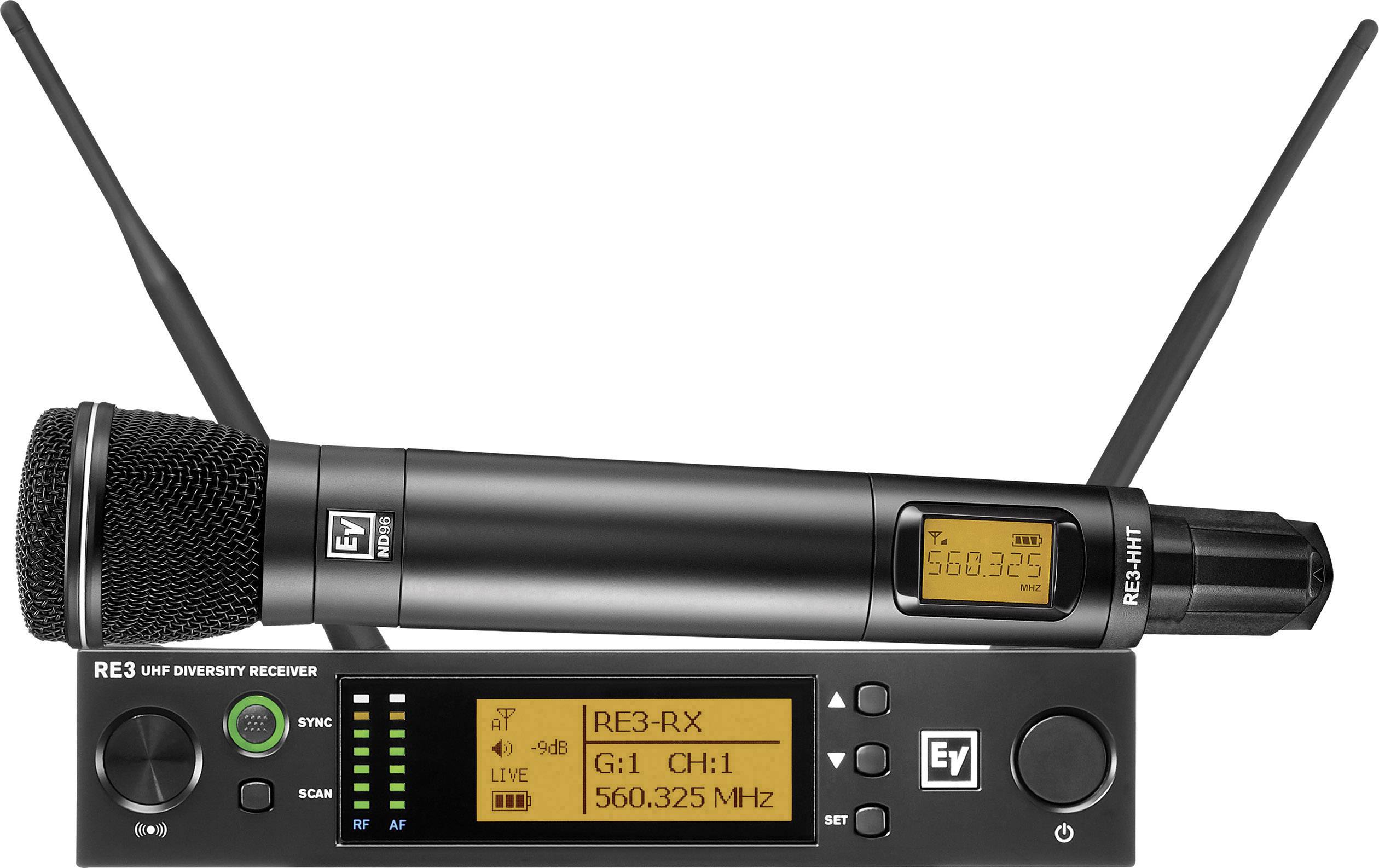 A wireless microphone with receiver. The receiver displays '560.325 MHz'. Both devices are by Electro-Voice.