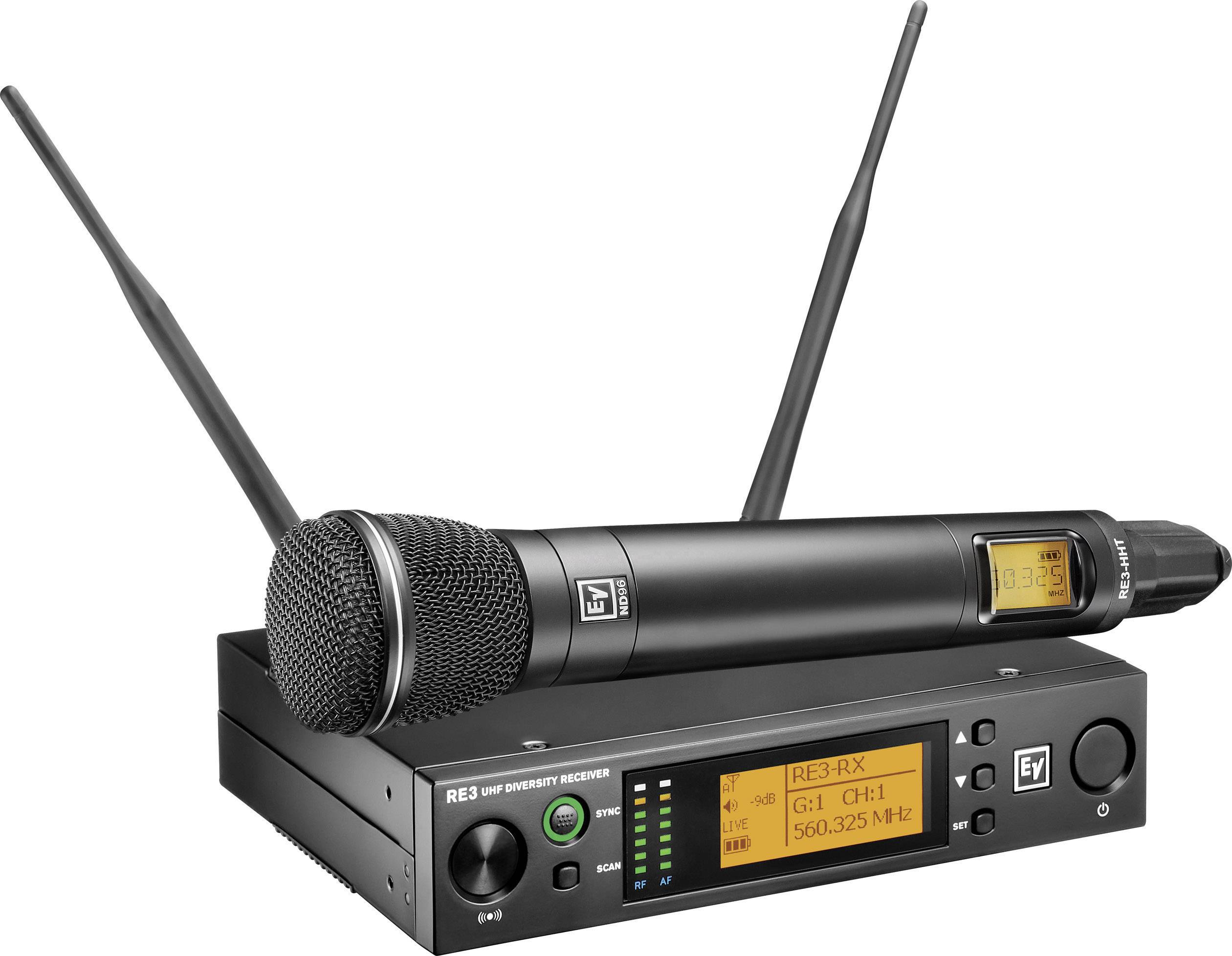 A microphone with two aerials is sitting on a radio receiver. Both devices display electronic screens showing frequency and channel information.