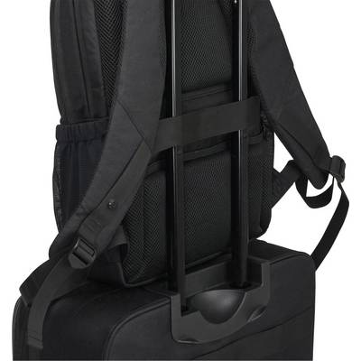 A black rucksack sitting on a suitcase shows two adjustable straps and a telescopic handle. Ideal for travelling.