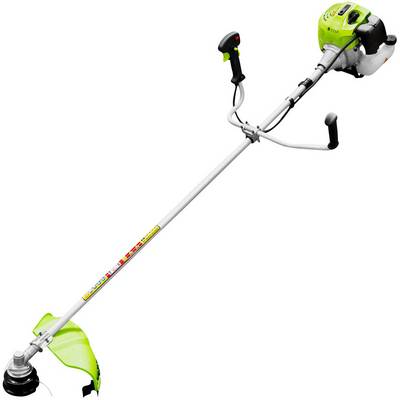 A green and white lawn trimmer with an elongated handle and two hand grips. Suitable for cutting grass in hard-to-reach areas.