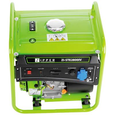 A green power generator with the label 'ZI-STE2800IV' by Zipper. It has power sockets and control panels on the front.