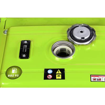 A green petrol can with an open cap and warning labels alerting to fire hazards and explosive vapours.