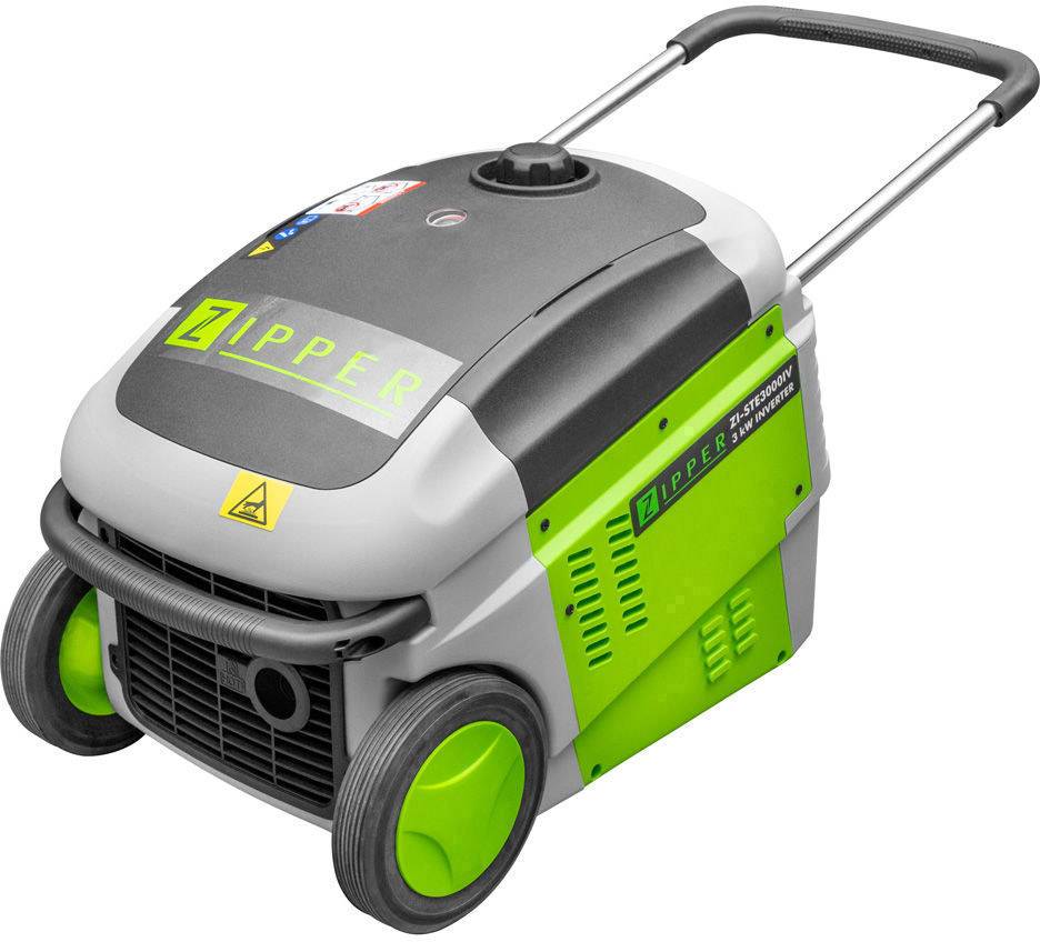 Lawnmower with grey casing and green accents.