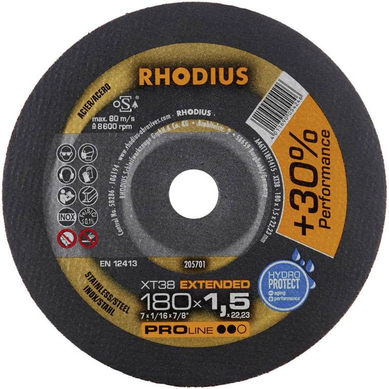 Grinding disc with 'Rhodius' marking, 180 mm diameter, 1.5 mm thick, suitable for stainless steel. Offers 30% more performance.